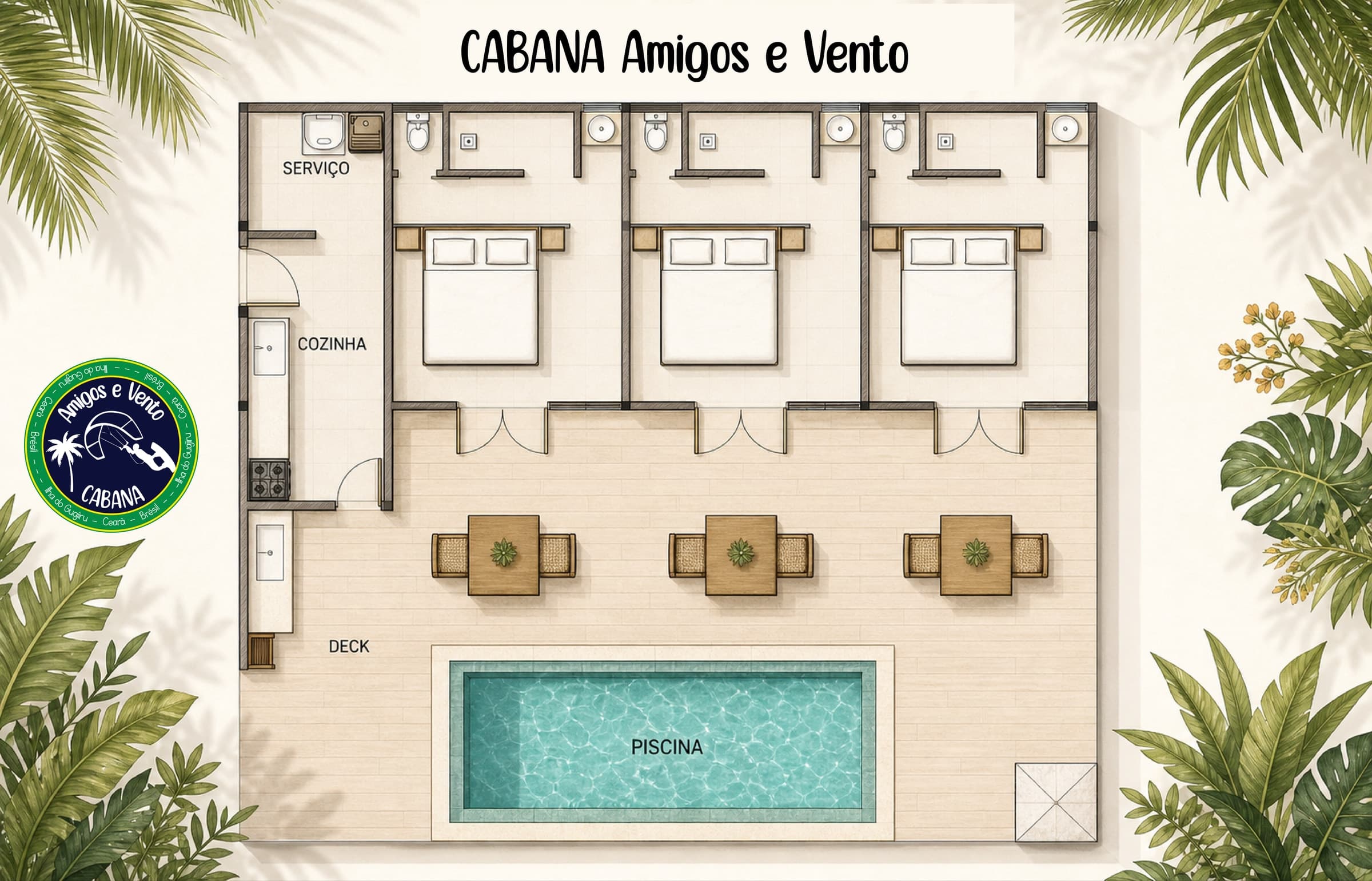 Planta da Cabana: três quartos, cozinha, deck e piscina